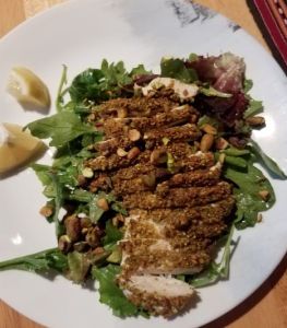 Pistachio crusted chicken with lemony greens